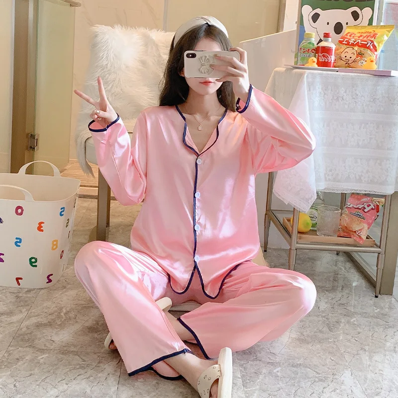 

Autumn Silk Pajamas Women's Cardigan Long-sleeved Trousers Suit Sweet Ice Silk Sexy Pajamas Fashionable Loose Casual Home Wear