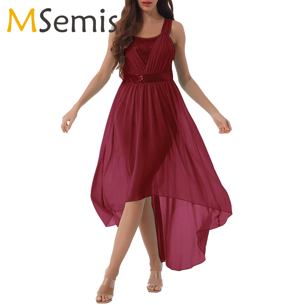 

Women Lyrical Dancewear Sequin Ballet Leotard Dress Adults Modern Dance Stage Performance Costume Irregular Chiffon Maxi Dresses