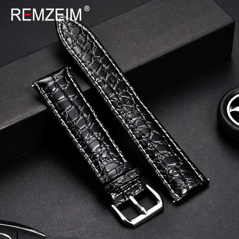 

REMZEIM 18mm 20mm 22mm 24mm Crocodile Skin Calfskin Soft Material Watch Strap Leather Watchband Business Bracelet Wrist Band