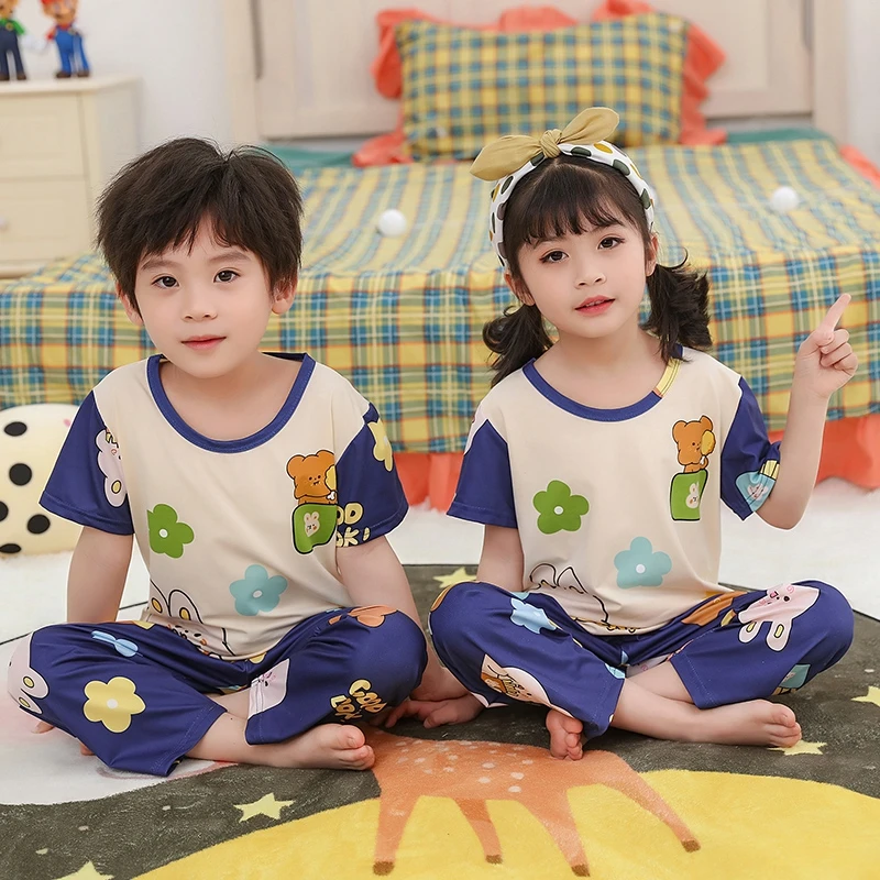 

Для детей с принтами из мультфильмов, пижама, нарядное платье Летний детский домашний пижамный комплект с короткими рукавами и штаны милый ...