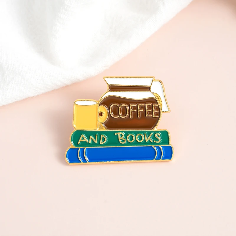 

COFFEE AND BOOKS Creative cartoon round brooch cut pin Reading time Cups badge enamel Brooches Shirt bag Jewelry gift wholesale
