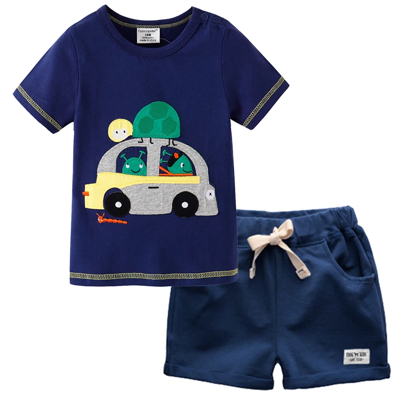 BINIDUCKLING Cartoon Car Design Kids Boys Clothes Set 2PCS Short-Sleeves T-Shirt+Shorts Outfit For Children Clothing |