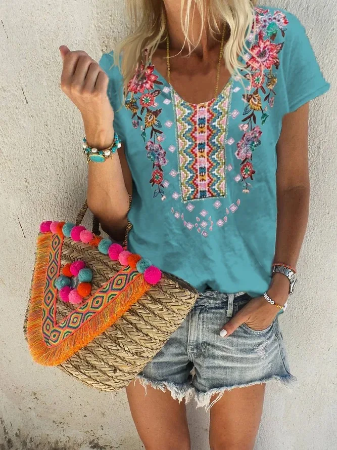 

New 2021 summer women's blouse, printed U-neck short-sleeved T-shirt women