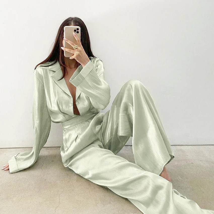 

Restve Green Women Shirt Two Pieces Set Long Sleeves Blouse Loose High Waist Wide Leg Pants Female Elegant Trousers Casual Sets