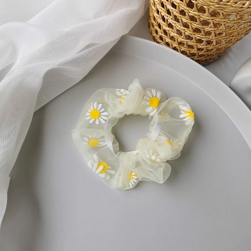 Hair Ring Daisy Elastic Bands Tie Net Accessories Floral Scrunchies Rubber Organza Hairbands Transparent Ponytail Pink |