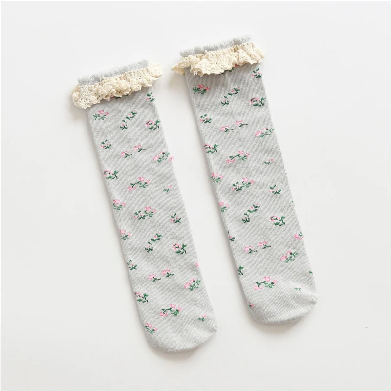 Light Grey Носки для девочек кружевные носки с оборками Детские хлопковые носки в стиле Харадзюку в винтажном стиле с цветочным принтом в стиле ретро для детей, гольфы принцессы - Цвет: Light Grey