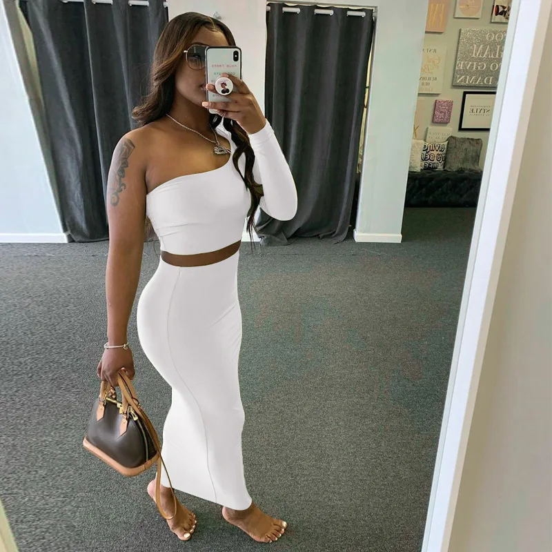 

2 Piece Set Skirt and One Shoulder Long Sleeve Crop Top Fall Clothes for Women 2021 Summer Fashion Sexy Club Outfits
