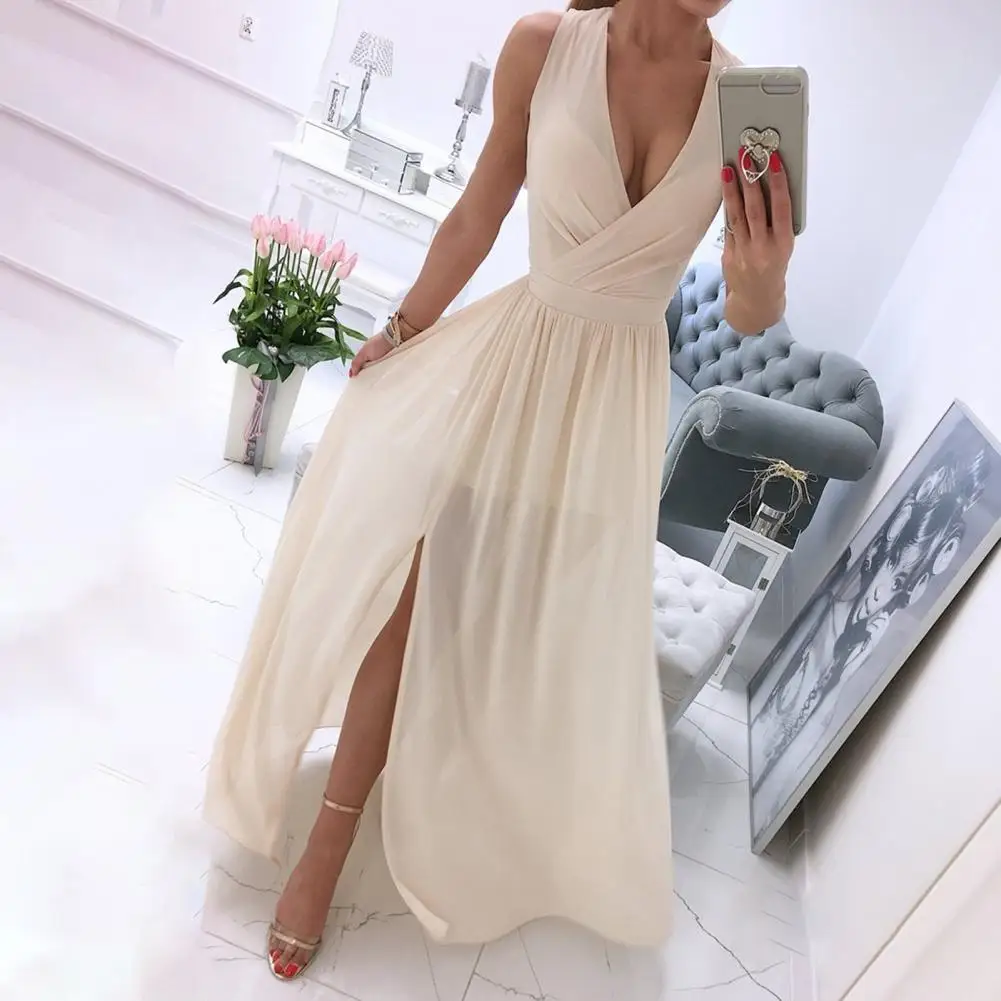 

2021 Women Summer Long Dress Chiffon Solid V Neck Elegant Sexy Split Sleeveless Large Hem Backless Maxi Dresses Wedding Evening