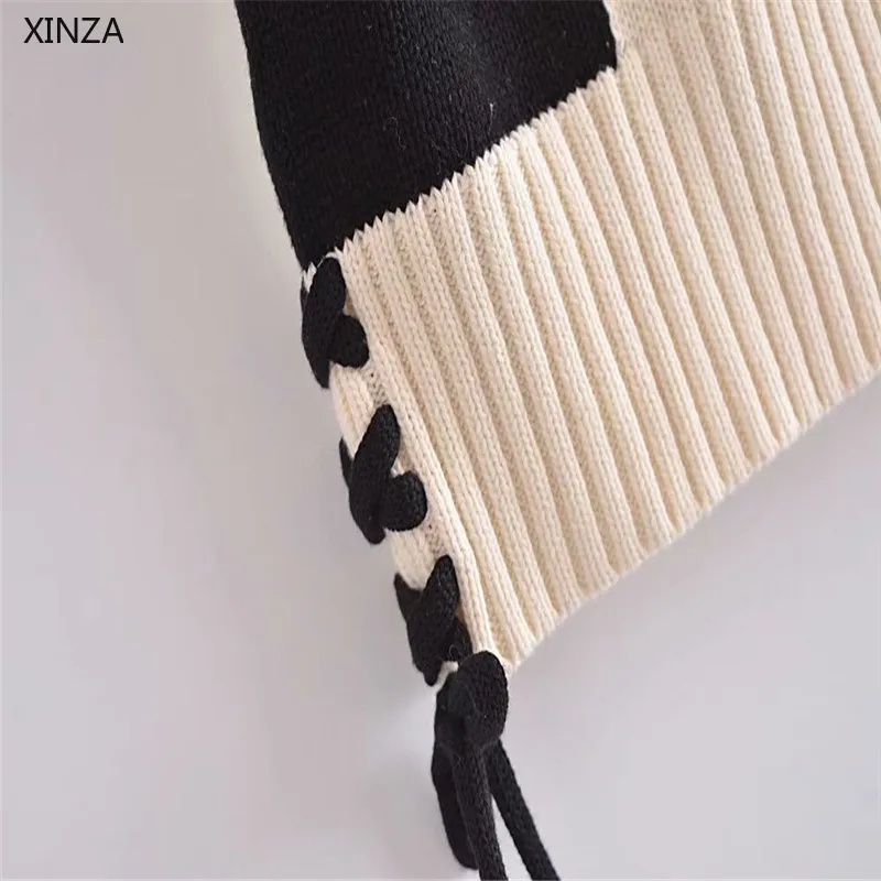

ZA 2021 Women Crochet Knit Sleeveless Sweater Flower Shaped Texture Autumn Black Pullover Female Side Ties Cropped Knitted Top