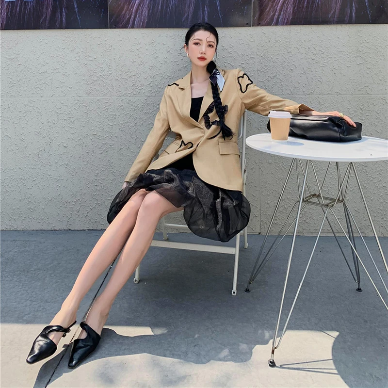 

XIZIHUPAN Mesh Patchwork Floral Blazer For Women Notched Collar Loose Minimalist Casual Blazers Female Spring Fashion New 2021