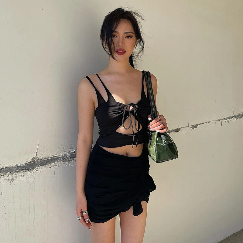 

2021 Sexy Hollow Out Strap Tops Short Mini Dress Set Summer Women Fashion Club Urbano Streetwear Outfits Y2K Skirt Suit