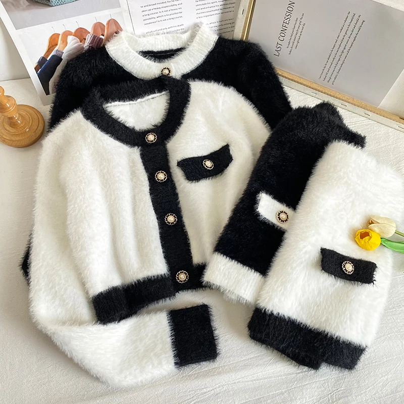 

Women's suit spring and autumn stitching short single-breasted long-sleeved jacket and skirt cropped sweater cardigans