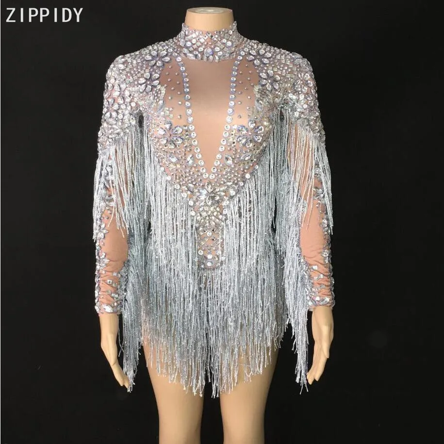 Блестящее боди с бахромой серебристые красные Синие стразы для женщин танцев