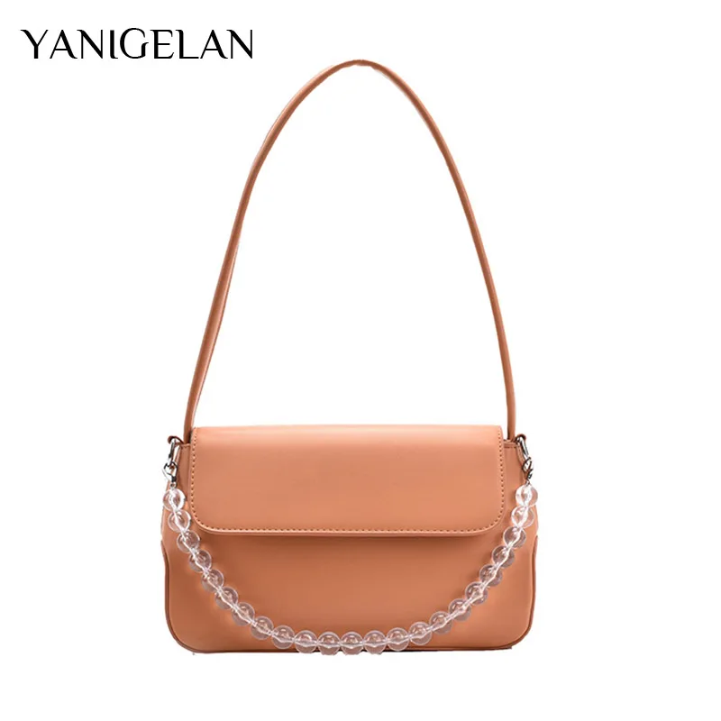 

Fashion Design Solid Color Thick Chain Pearl PU Leather Shoulder Bag For Women 2021 Summer Pack Ladies Simple Handbags And Purse