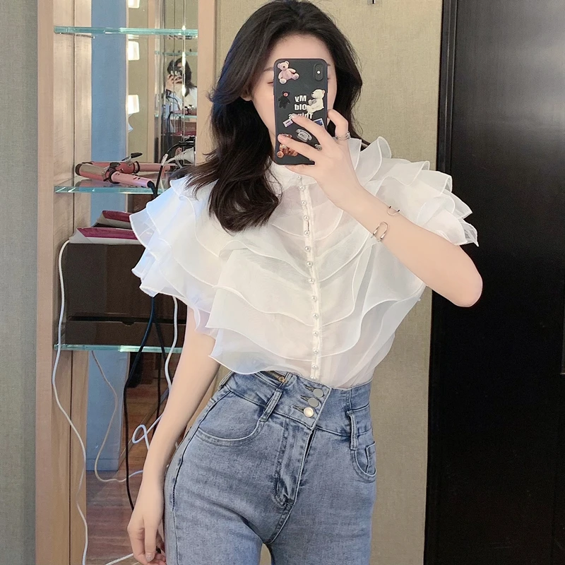 Женская многослойная рубашка из органзы фиолетовая винтажная однобортная