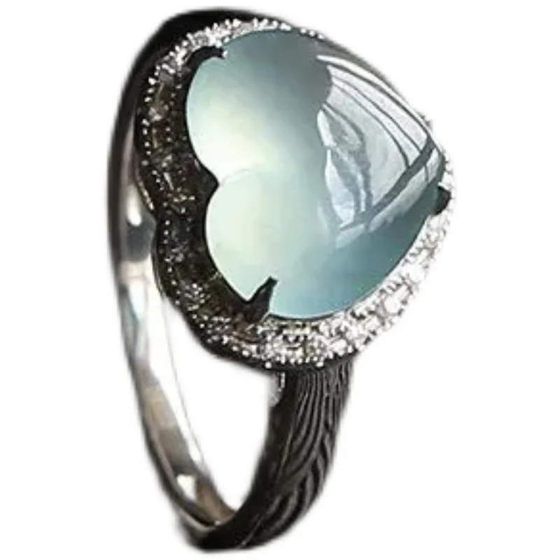 

Japanese and Korean New Fashion Temperament Chalcedony Ice-like Ice Clear Bottom Heart-Shaped Ring Gem S925 Silver Inlaid Ring