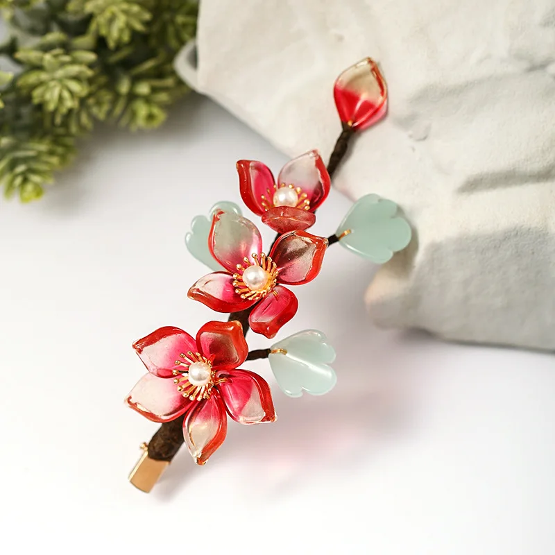 Китайская шпилька для волос заколки мужчин красный цветок Хрустальный жемчуг