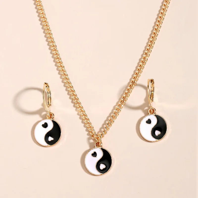 

ALYXUY Punk Stainless Steel Yin Yang Pendant Necklace Earrings Ring for Women Gold Choker Mascot Ornaments Fashion Jewelry Set