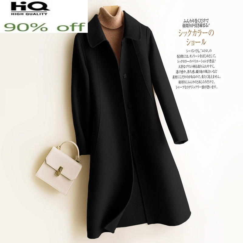 

2022 Autumn 100% Wool Coat Women Black Double-sided Woolen Jacket Famale New Long Korean Overcoat Women's Jackets Casual SQQ565