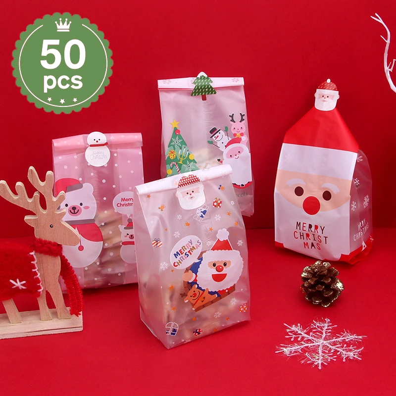 

50Pcs Christmas Plastic Gift Bags Cookie Candy Biscuit Christmas Packaging Bag Christmas Decoration Navidad 2021
