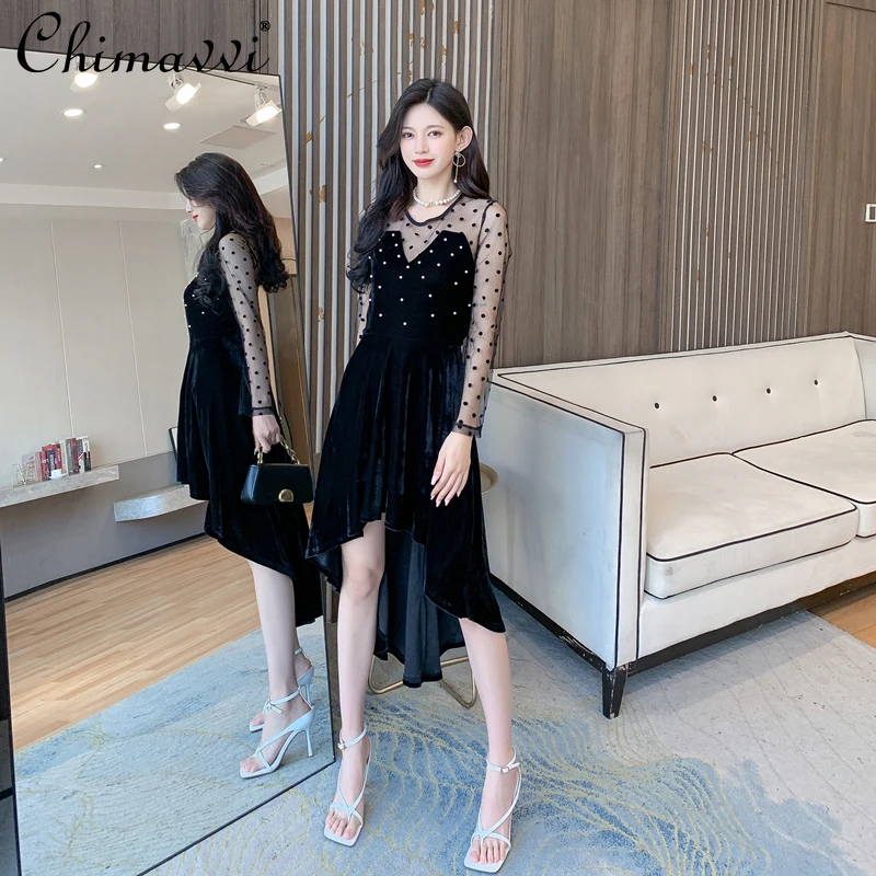 

French Style Retro Dots Stitching Velvet Black Dress 2021 Autumn and Winter New Formal Dress Fashion Design Irregular Hem Dress