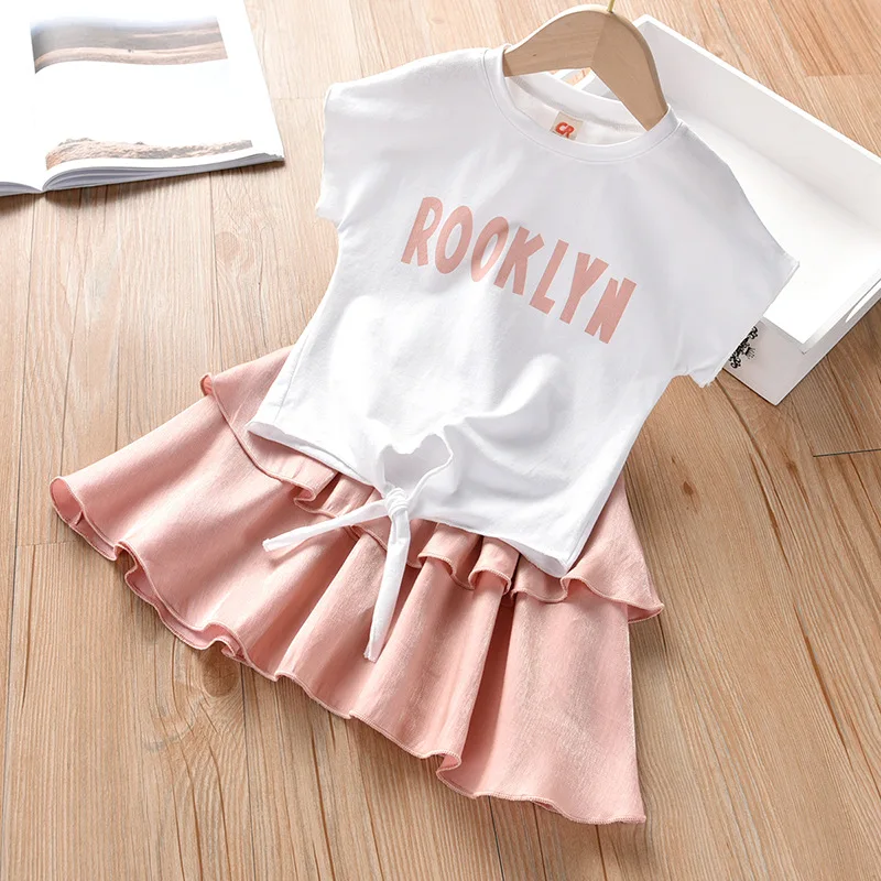 Girls Clothing Set 2020 Summer Sweet Letter Top Short Sleeve+Solid Layered Skirt Fashion 2pcs Sets Children Clothes 3-7Y | Детская