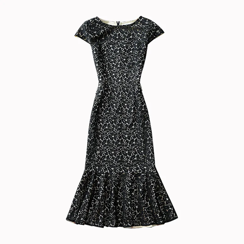 

High-end Large Size Elegant Evening Party Dress Ladies O Neck Short-sleeve Women Dresses Summer Black Chic Lace Mermaid Dress
