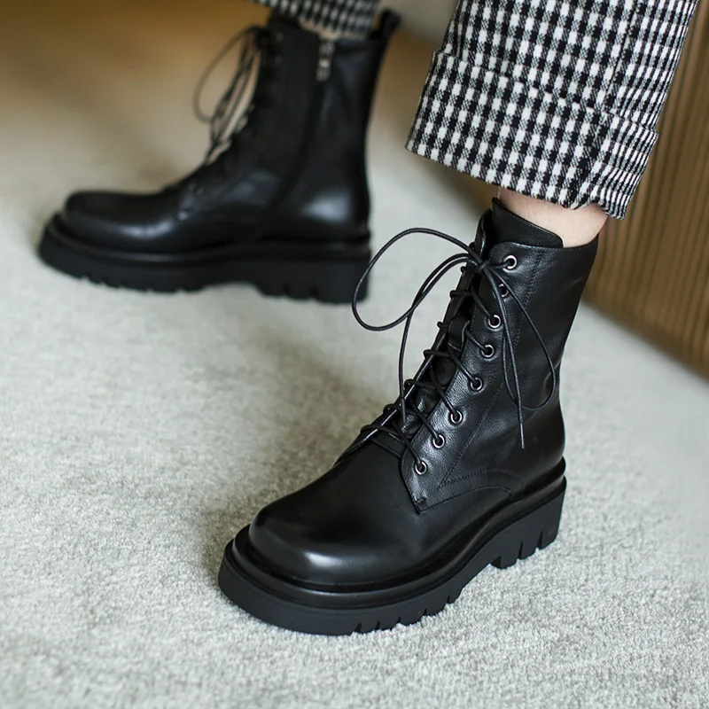 spesifikasi Sepatu Bot Martin Kulit Sapi Asli Sepatu Bot Tunggal Ujung Bundar Gaya Inggris Musim Gugur 2020 Bawah Tebal Wanita