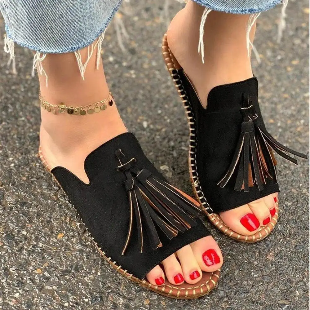 

Flock Tassel Flats Sandals for Women Summer Beach Flat Sandals Soft Leather Solid Color Sandals