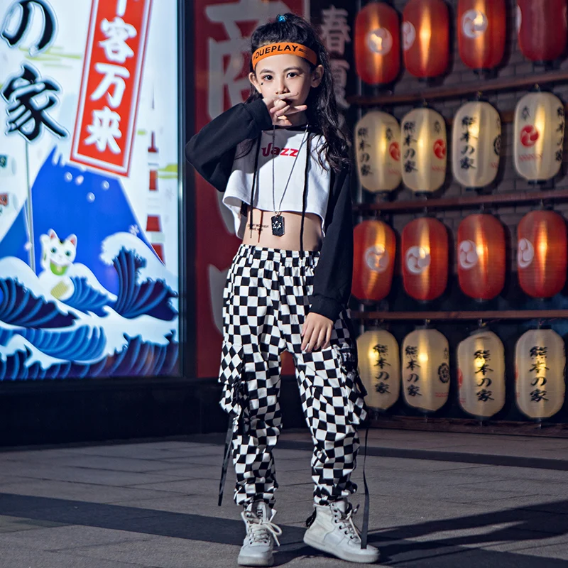 

Girls Hip-Hop Suit Jazz Dance Costumes Children's Long-Sleeved Plaid Pants Street Performance Costumes Height 110-180cm DWY3126