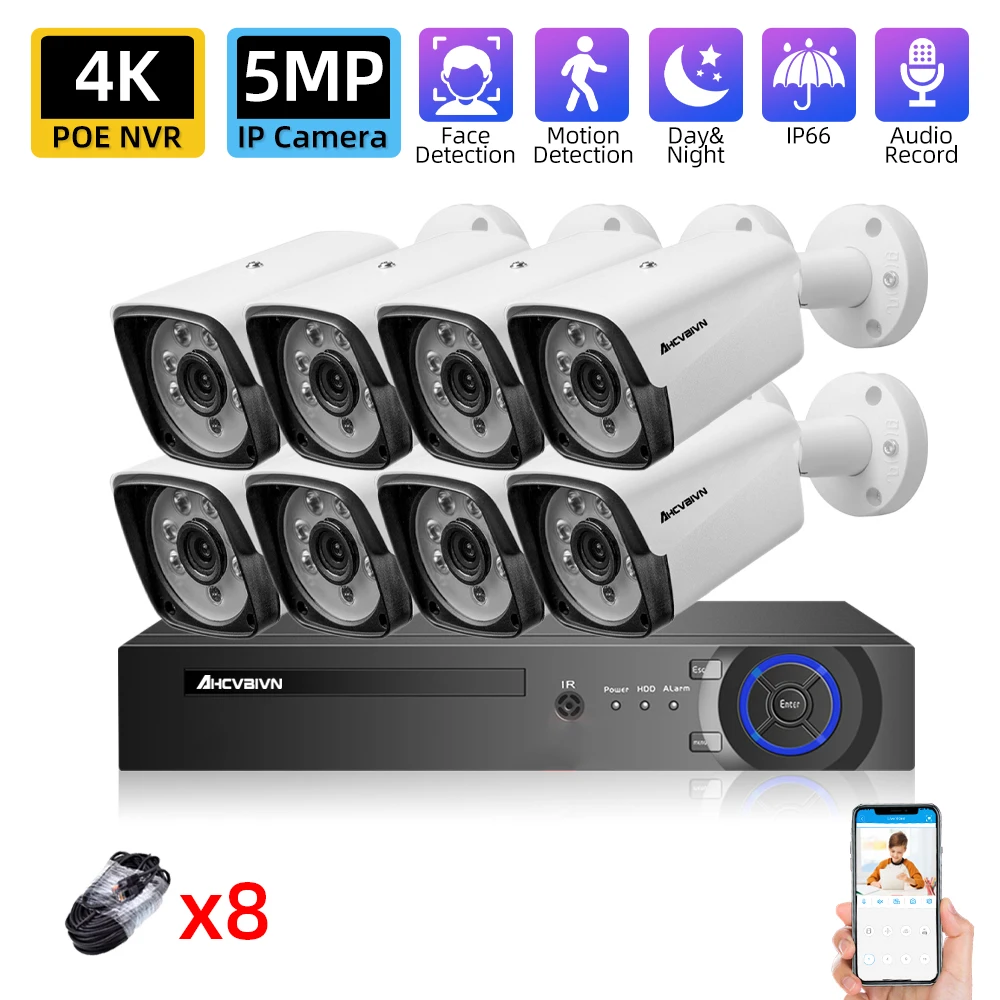 

H.265+ 8CH 4K POE NVR Kit Face Detection CCTV IP Security Camera System Audio 5MP POE Camera Video Surveillance Set 8 Channel