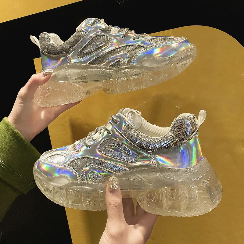 Блестящие повседневные женские кроссовки коллекция 2019 года на платформе Модные