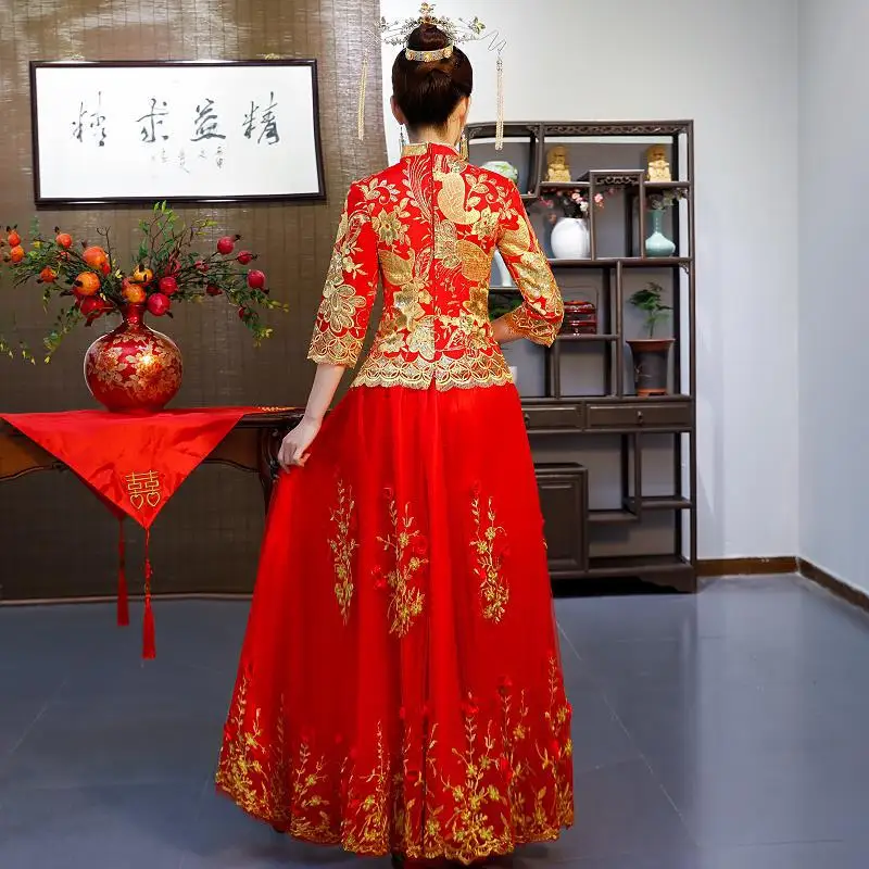 

Dress for Toast Bride 2019 Autumn and Winter New Wedding Red Chinese Long Cheongsam Dress Wedding Dress Women