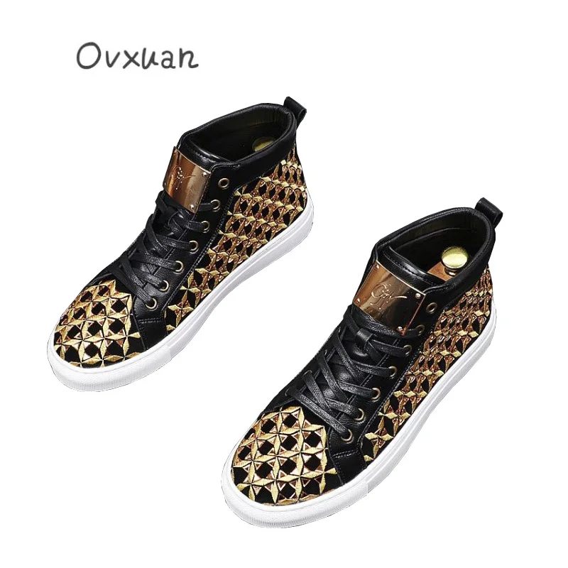 

OVXUAN Luxury Botas Metal Sheet High Top Flat Board Genuine Leather Ankle Boots Men Shoes Business Social Botines Hombre 2021