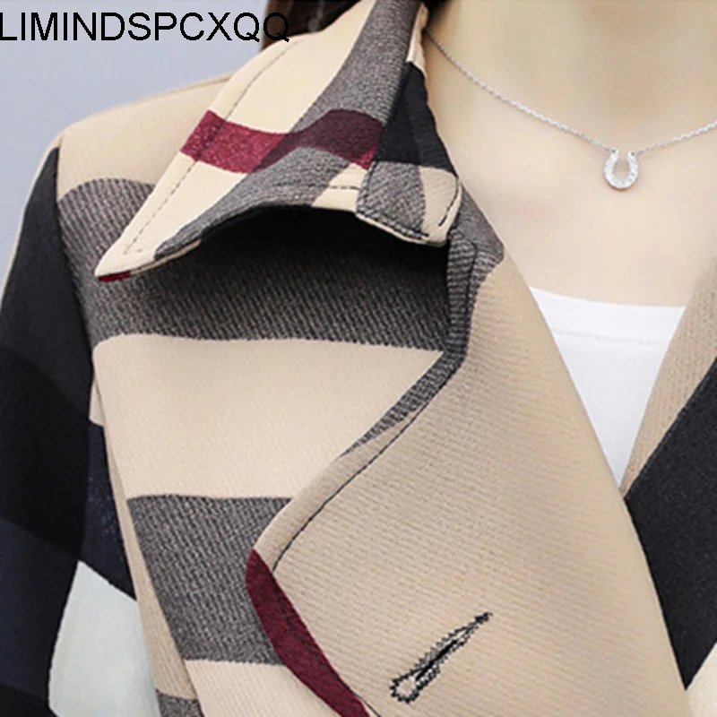 

Corta Vento Feminina Autumn Women Long Trench Office Lady Simple Classic Plaid With Pocket Chic Windbreaker Outwear Clothes