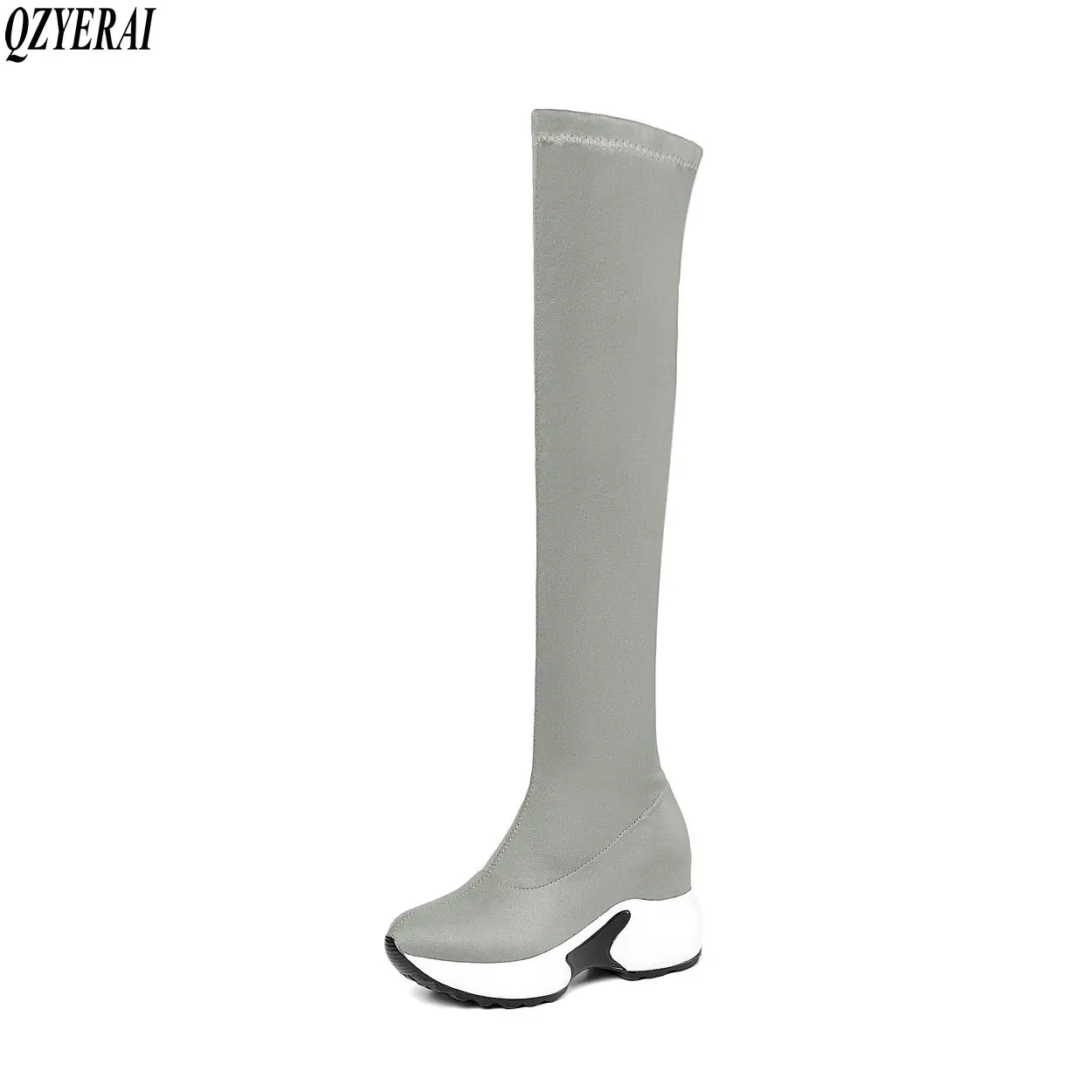 

2020 Stretch Fabrics Over The Knee Boots Height Increasing Round Toe Women Shoes Autumn Winter Casual Long Boots Size34-43