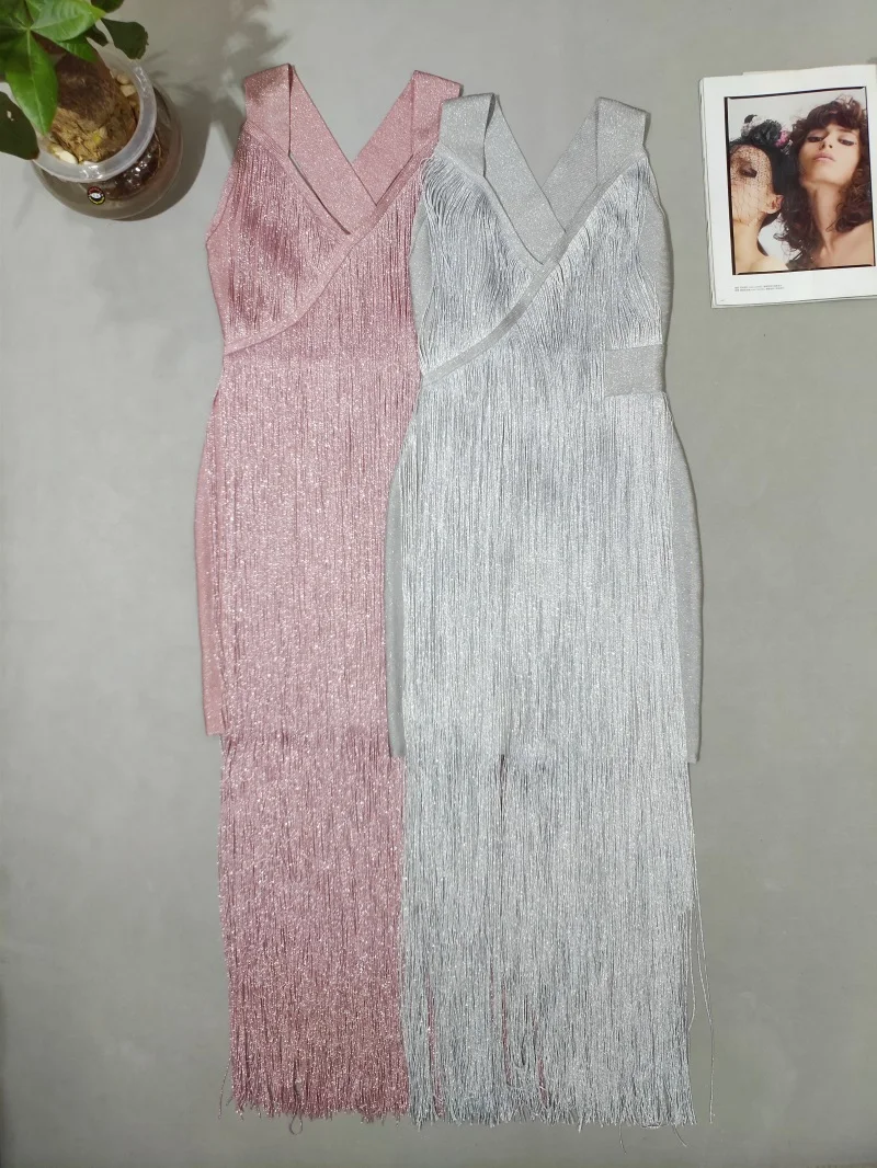 

2019 New Fashion Tassel Bandage Dress Sexy V Neck Spaghetti Strap Midi Vestidos Elegant Celebrity Evening Party Club Dresses