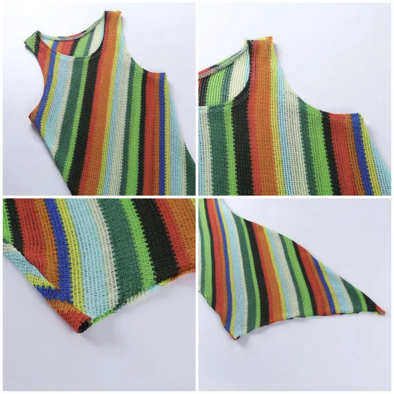 

Summer Rib Knitted Stripe Irregular Women Dresses Summer Sleeveless O-Neck Party Sundress Fashion Sexy Bodycon Vestidos 2021 Hot