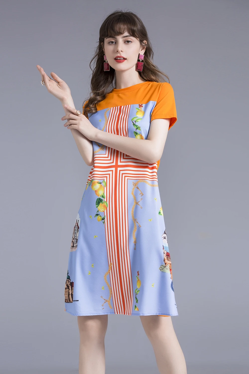 

European station 2021 new women's summer dress comfortable round neck loose trend printed pocket dress