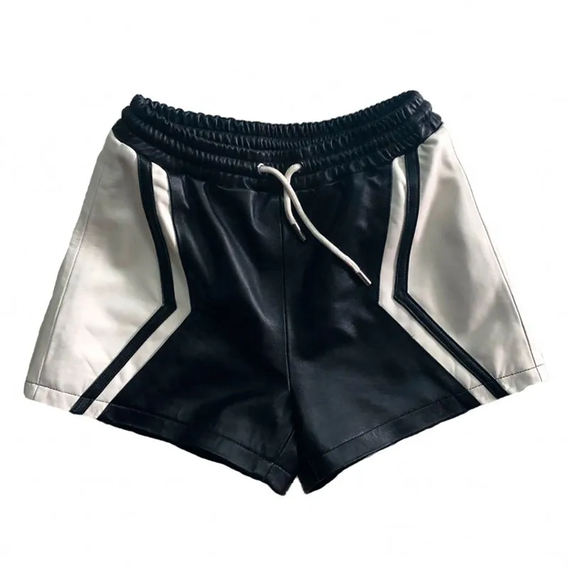 Patchwork Genuine Personality Leather Sweatpants Women Lace Up Elastic High Waist Wide Leg Shorts Casual Sheepskin Mini Shorts