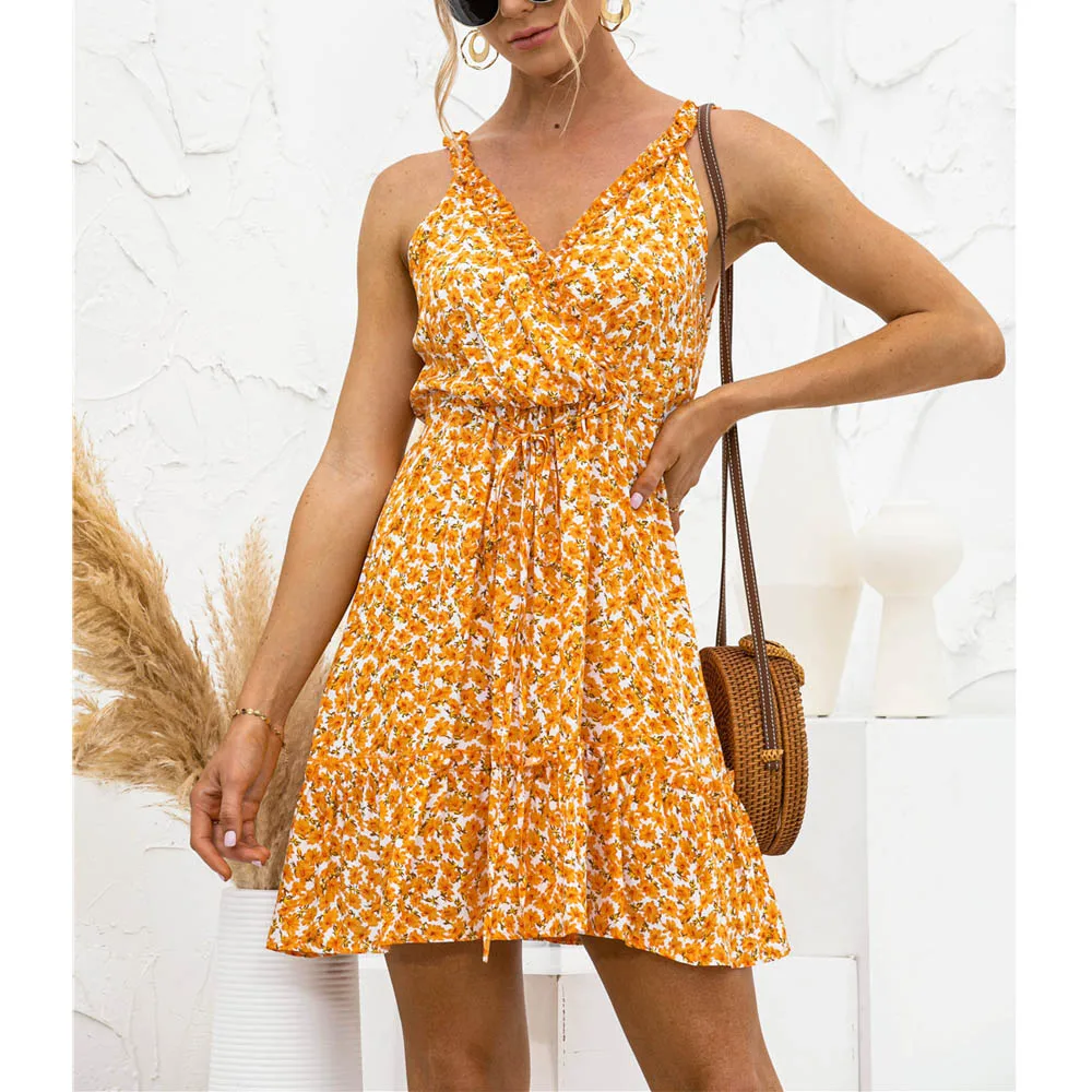 

Women Spaghetti Strap V Neck Mini Dress Summer Floral Print Ruffles Drawstring Beach Boho Casual Dresses 2021 Fashion Sleeveless