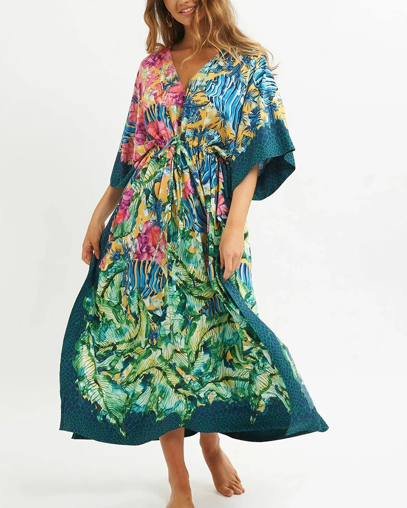 

Plus size V neck Sexy Beach Dress Cover-ups 2021 Print Floral Swimsuit dress Sarong Robe Plage Beachwear Kaftan Beach Dress