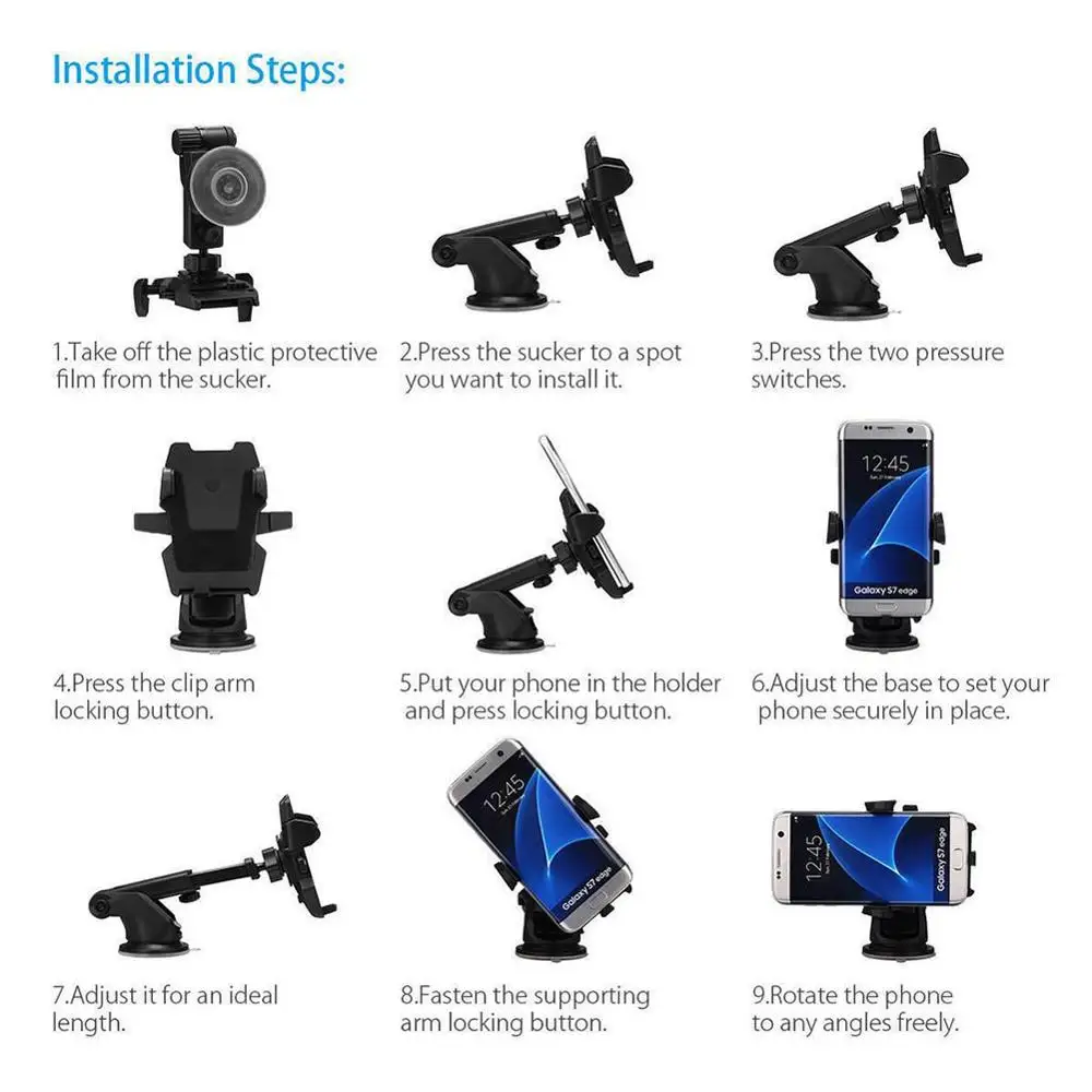 

360 Degrees Universal Smartphone Car Mount Holder Adjustable Phone Mounting Suction Cup Holder For iPhone Samsung