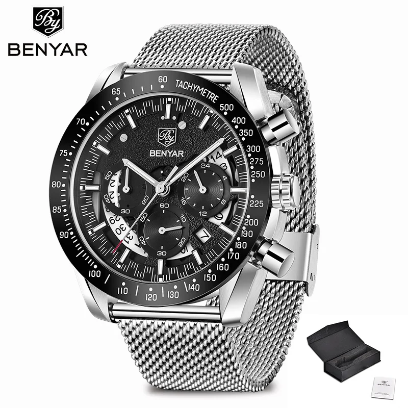 Silver Black S BENYAR мужские часы Топ бренд Роскошные часы кварцевые военные наручные часы мужские часы хронограф бизнес часы Relogio Masculino - Цвет: Silver Black S