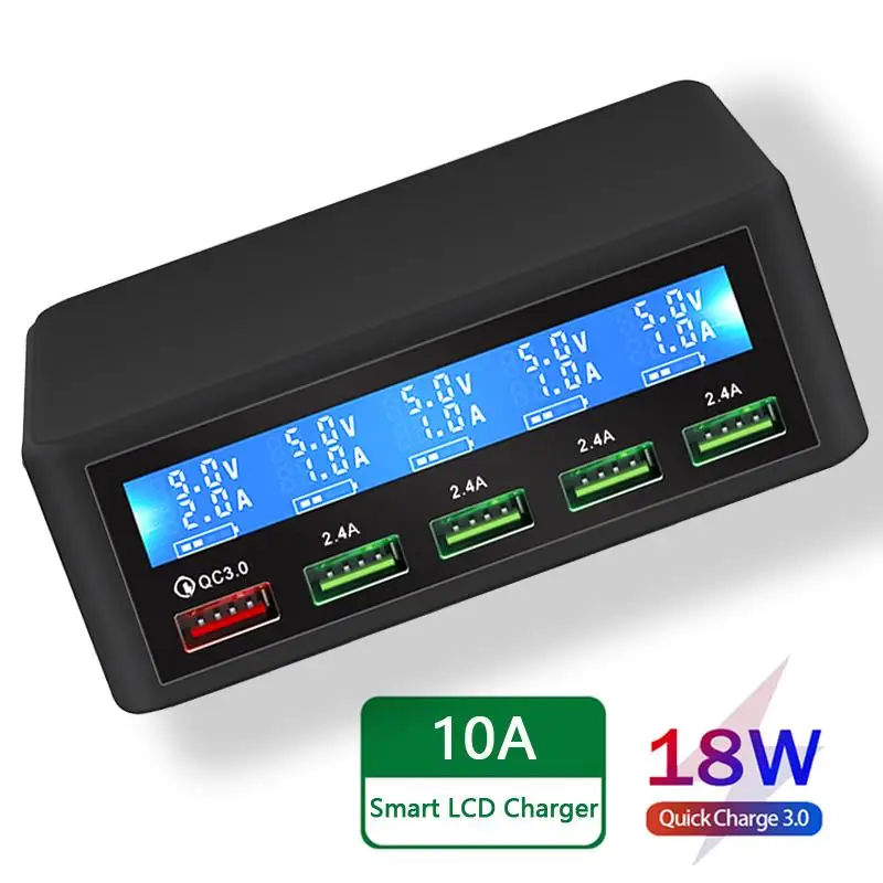 

USB Quick Charger 40W 5-Port LED Display Quick Charge 3.0 Fast Charger Desktop Charging Station iPhone X 8 7 6, iPad