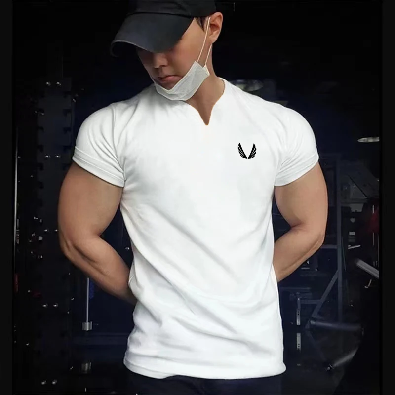 

2021 Mens Fashion Short Sleeve Fitness Tshirt Cotton Clothing Bodybuilding Training Trend Casual Sports Running V-neck T Shirts