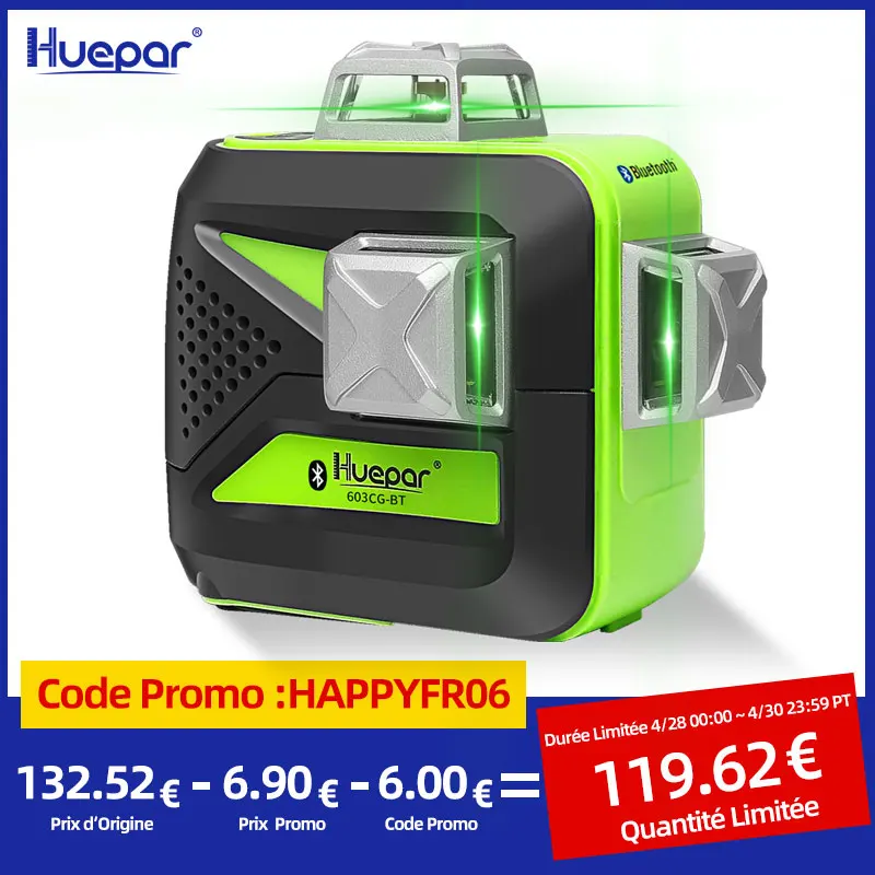 

Huepar 3x360 Green Beam 3D Laser Level with Bluetooth Connectivity Self-Leveling Cross Line USB Charge Use Dry & Li-ion Battery