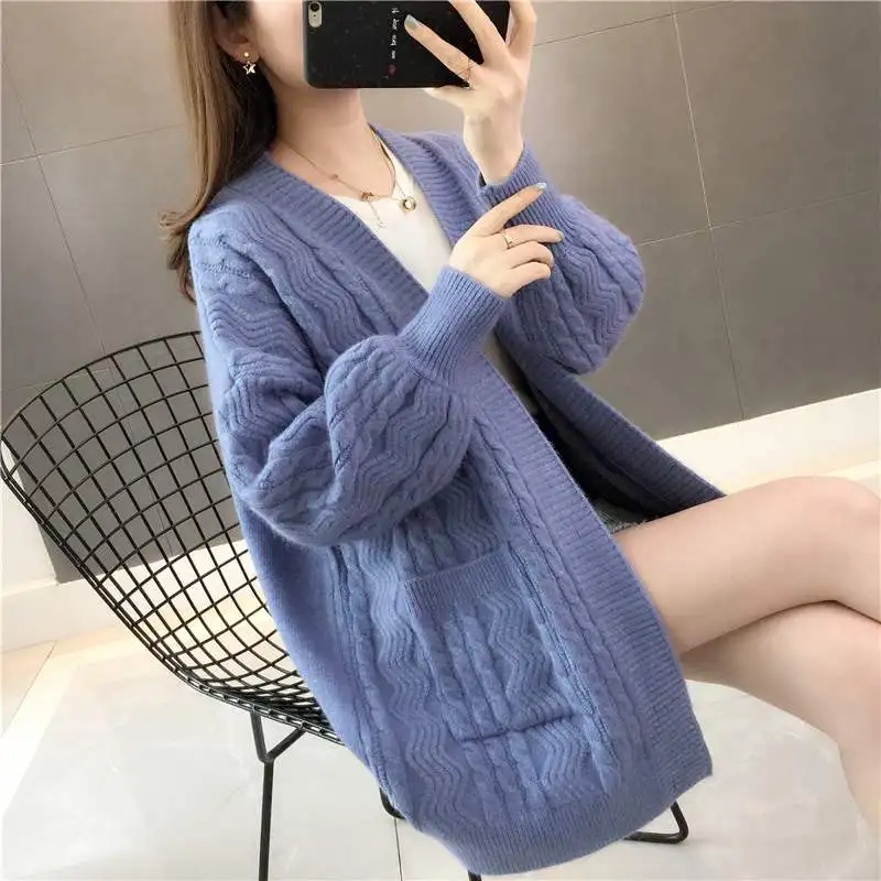 

Vintage Cashmere Sweater Women Wool Fall Winter Warm Soft Knit Cable Long Cardigan Female Winter Streetwear Sweater plus size3XL