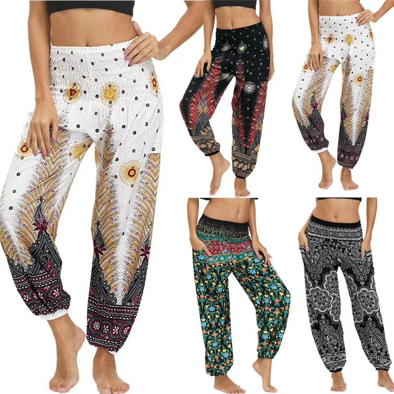 Женские богемные брюки свободное с цветочным принтом пляжные тайские шаровары
