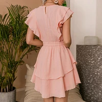 women dress solid color mid length tight waist women ruffled dress for dating